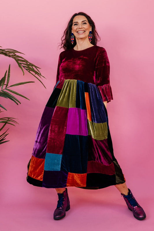 Patchwork Velvet Ruffle Smock Dress