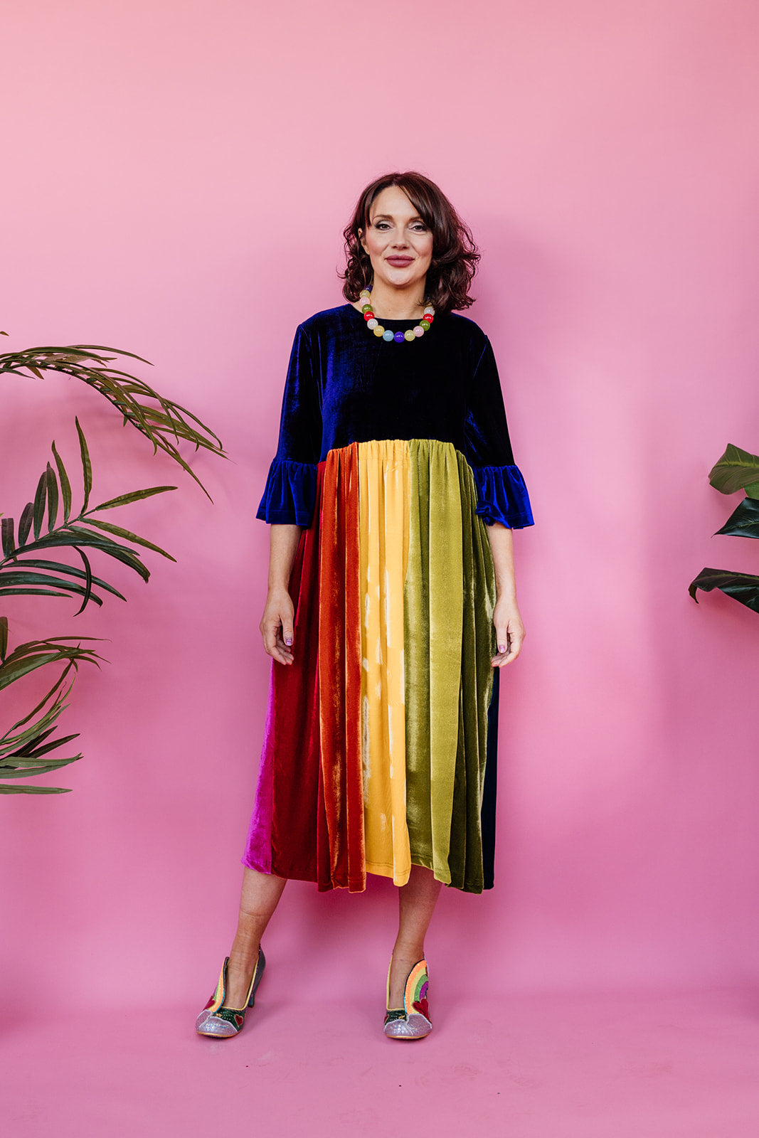 Velvet Rainbow Ruffle Smock Dress