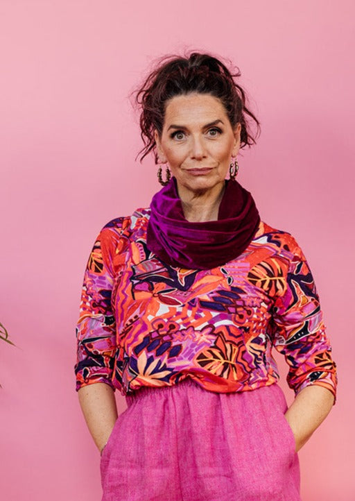 Velvet Cowl and Wrist Warmers Set in Cerise