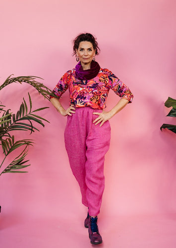 Ankle Grazer Trousers in Hot Pink Linen