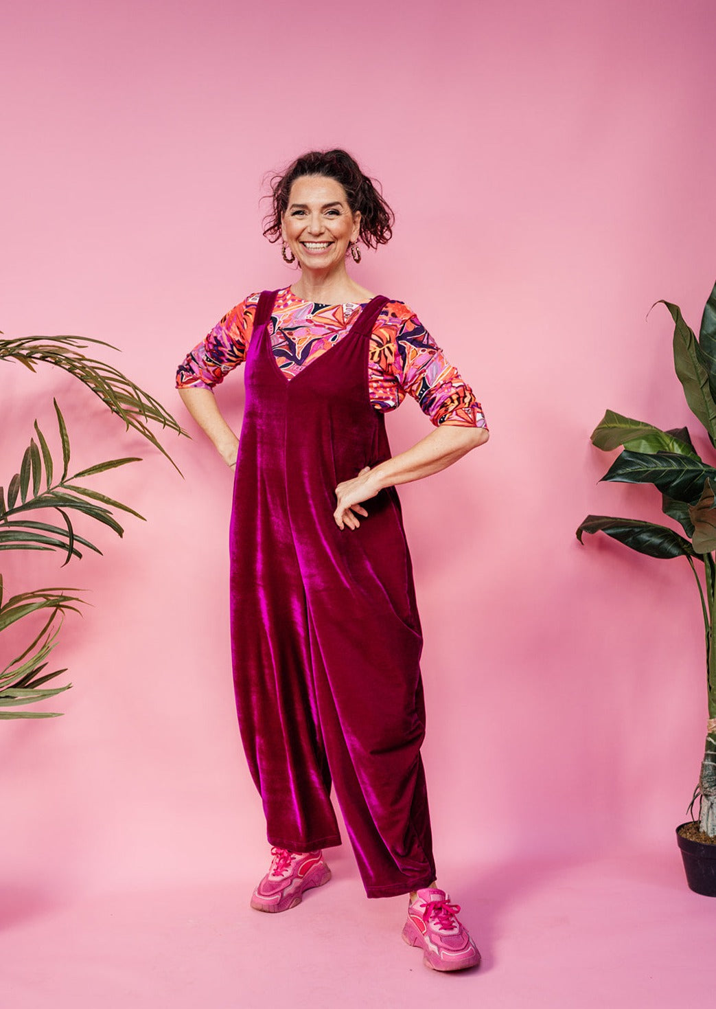 Velvet Dungaree Jumpsuit in Cerise - Megan Crook