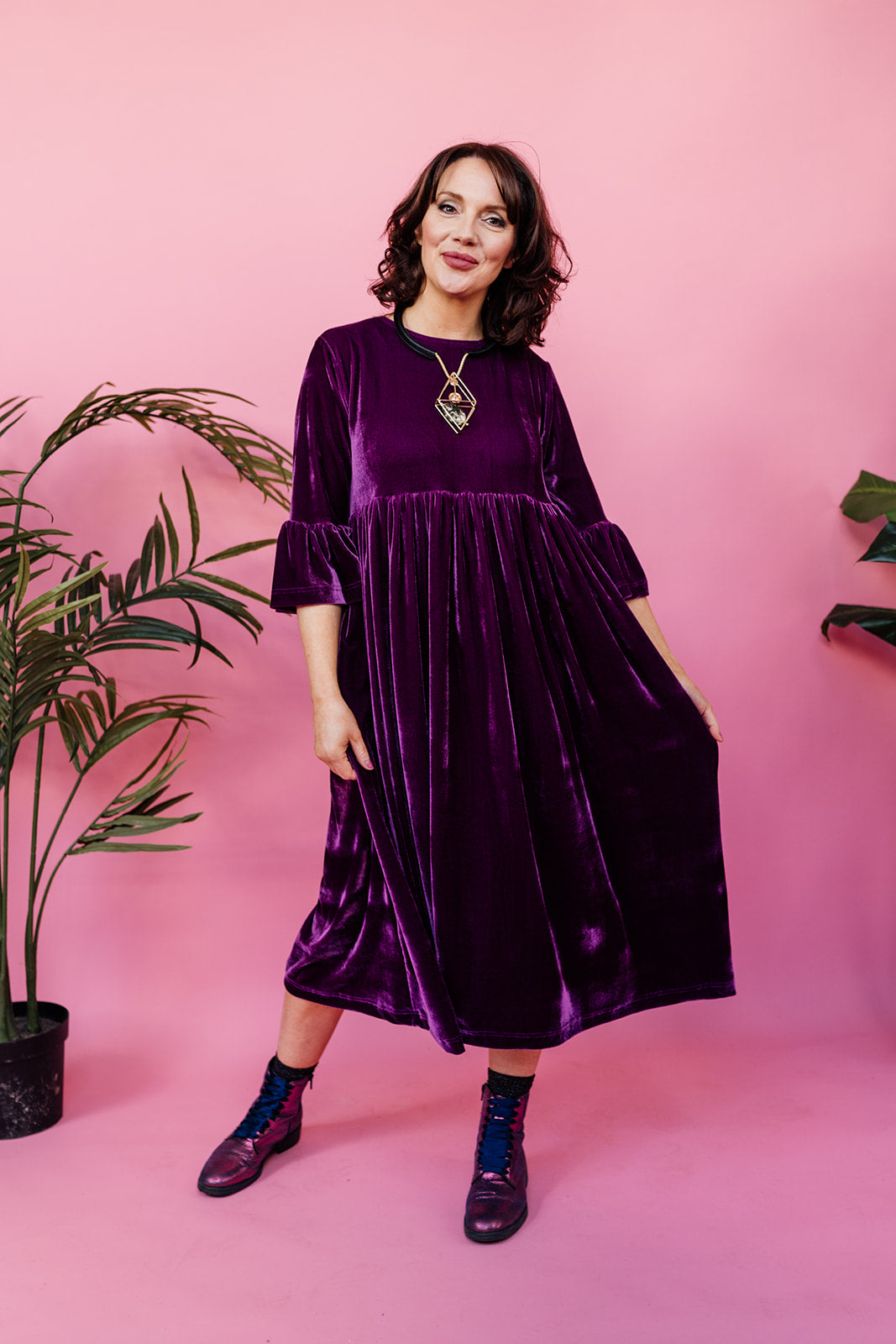 Velvet Ruffle Smock Dress in Plum
