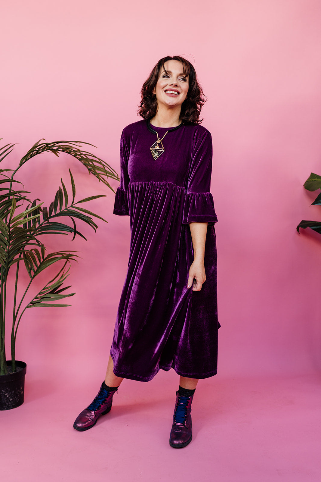 Velvet Ruffle Smock Dress in Plum