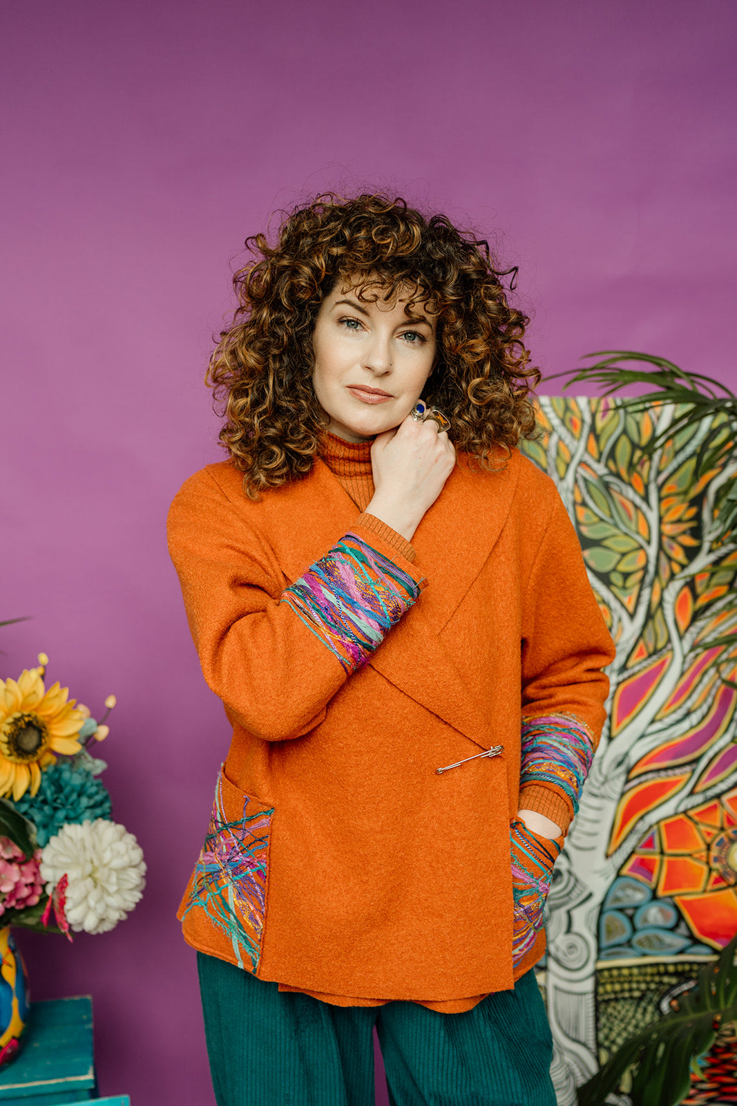 Embellished Cropped Wool Coat in Orange - Megan Crook