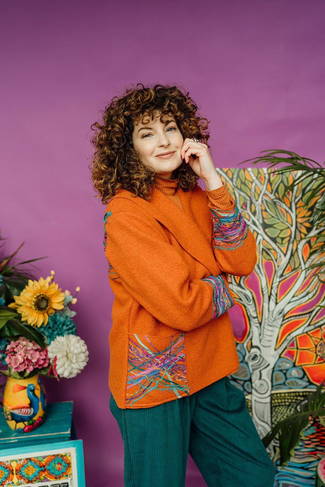Embellished Cropped Wool Coat in Orange - Megan Crook