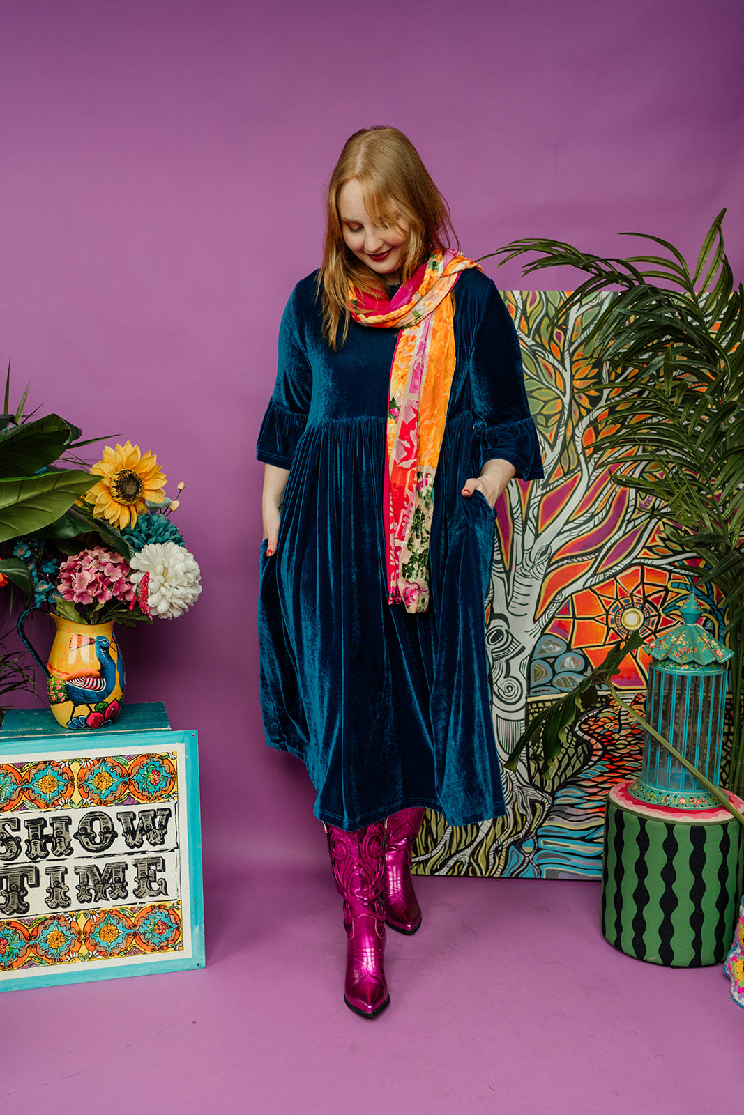Velvet Ruffle Smock Dress in Teal