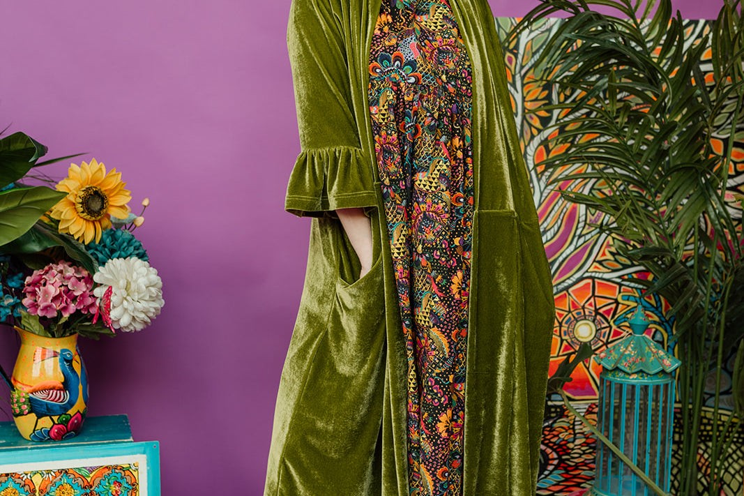 Velvet Ruffle Maxi Cardigan in Olive