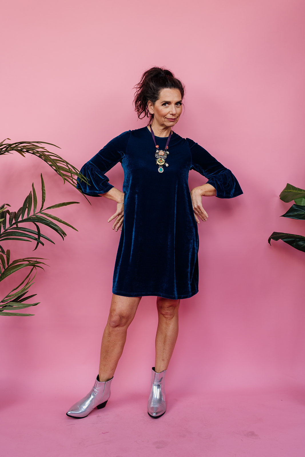 Velvet Ruffle Swing Dress in Teal - Megan Crook