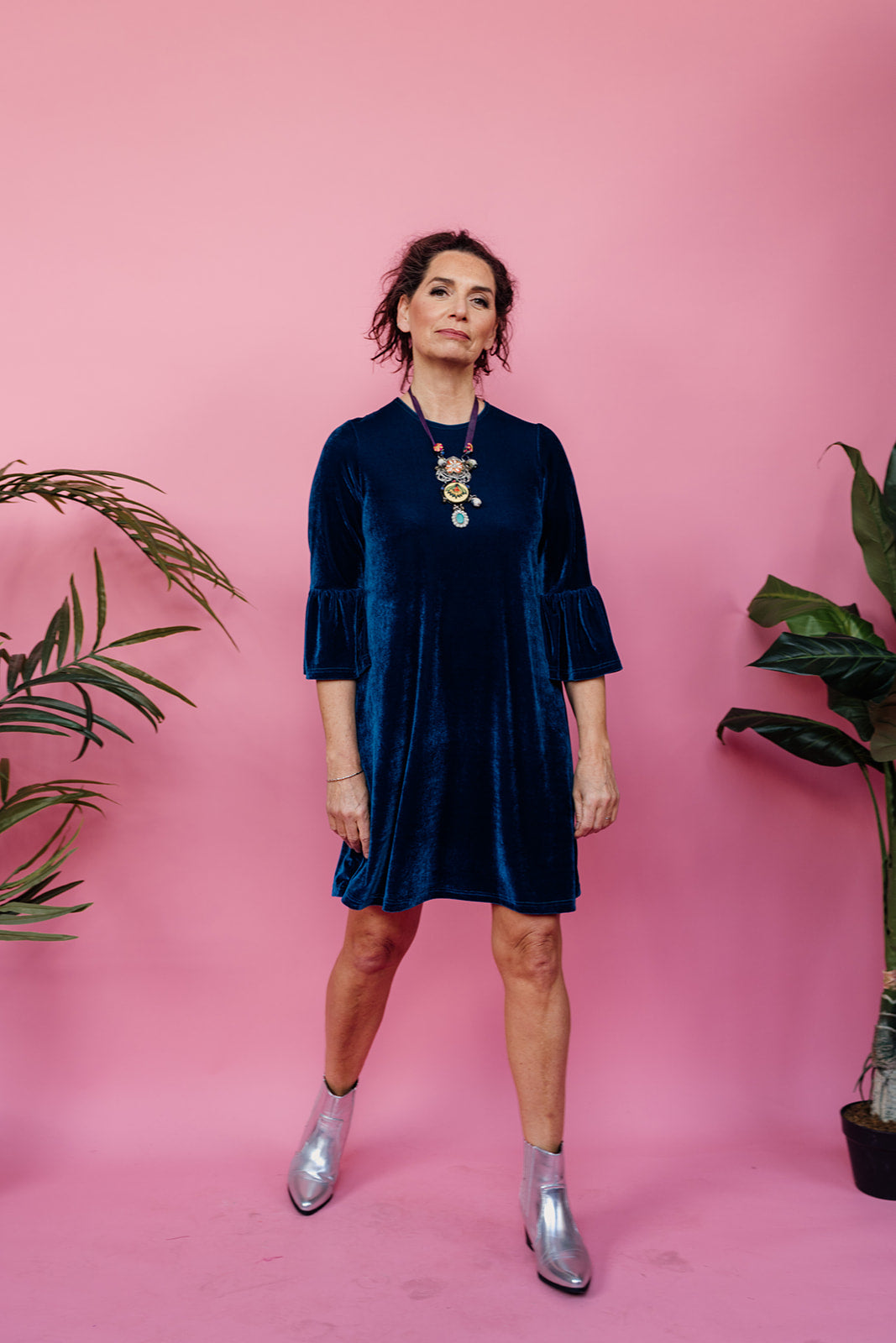 Velvet Ruffle Swing Dress in Teal - Megan Crook