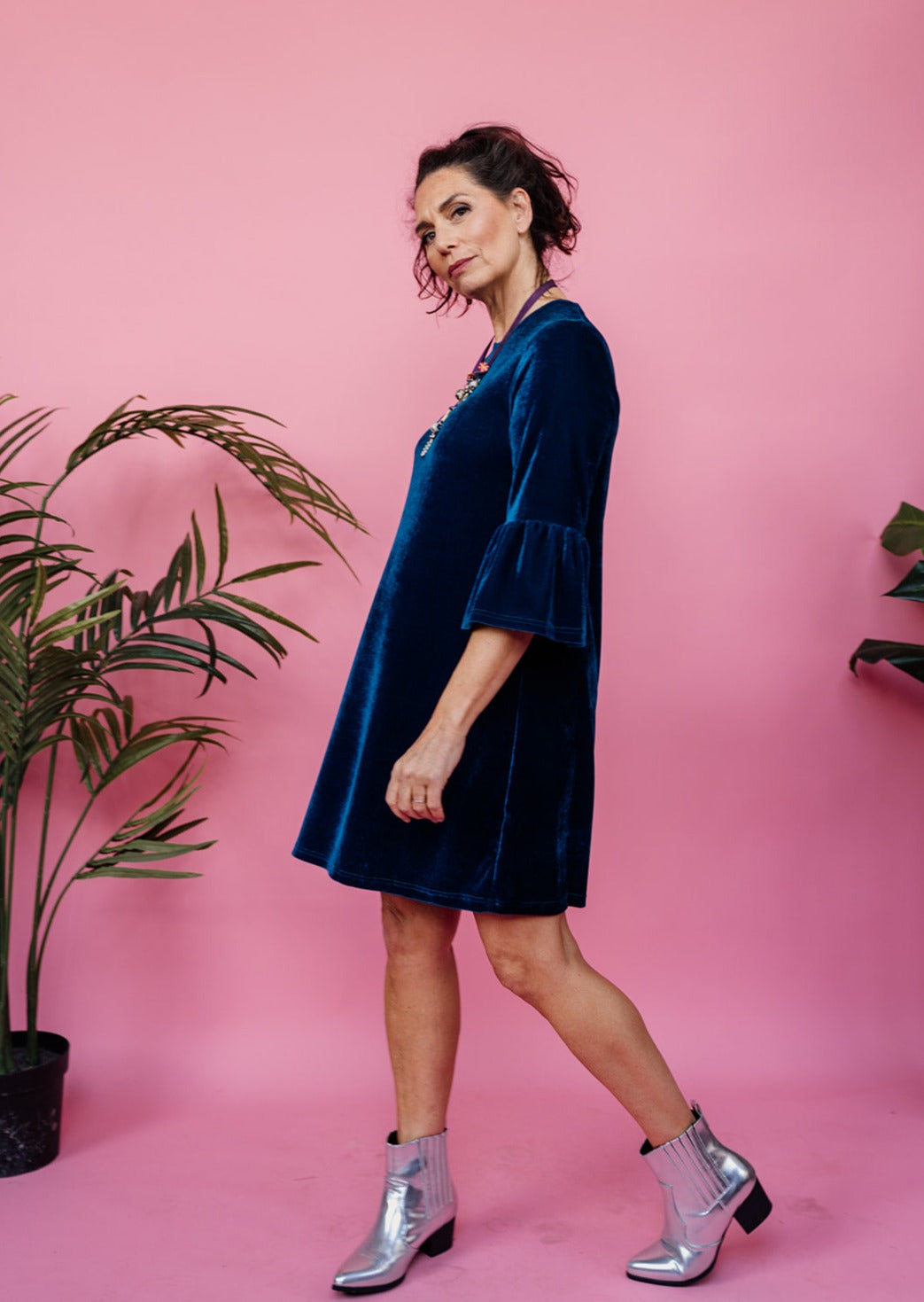 Velvet Ruffle Swing Dress in Teal - Megan Crook