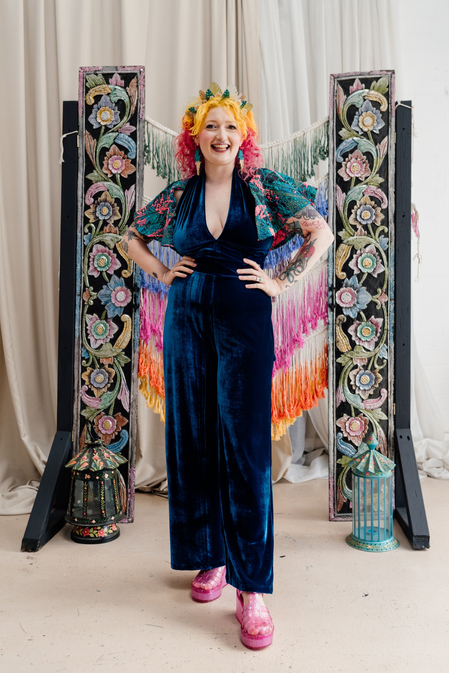 Plunge Caped Jumpsuit in Teal Velvet & Neon Twilight