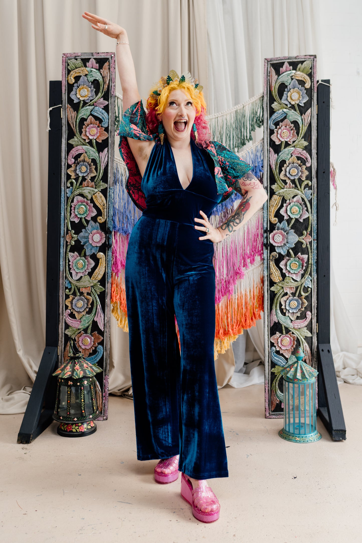Plunge Caped Jumpsuit in Teal Velvet & Neon Twilight
