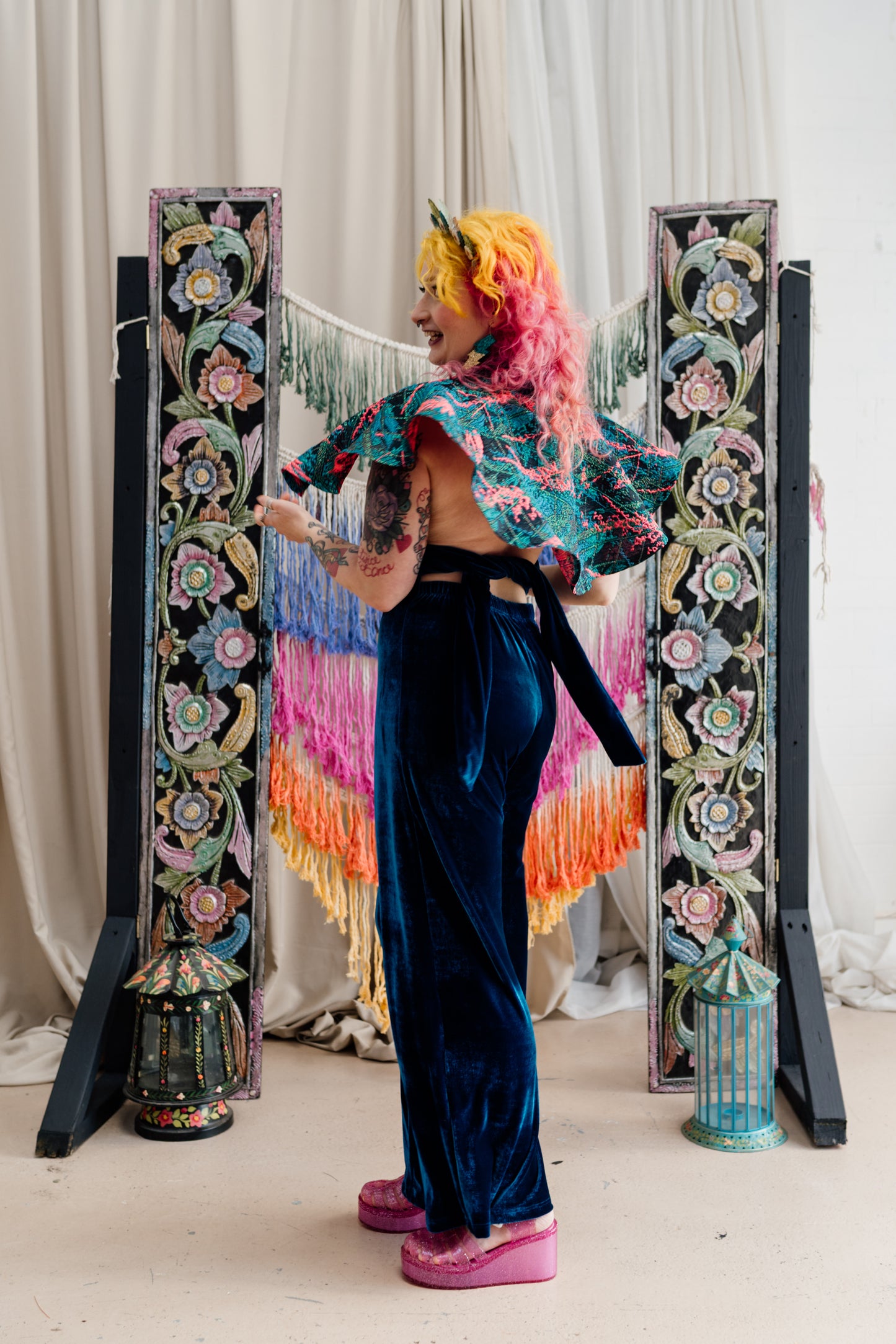 Plunge Caped Jumpsuit in Teal Velvet & Neon Twilight