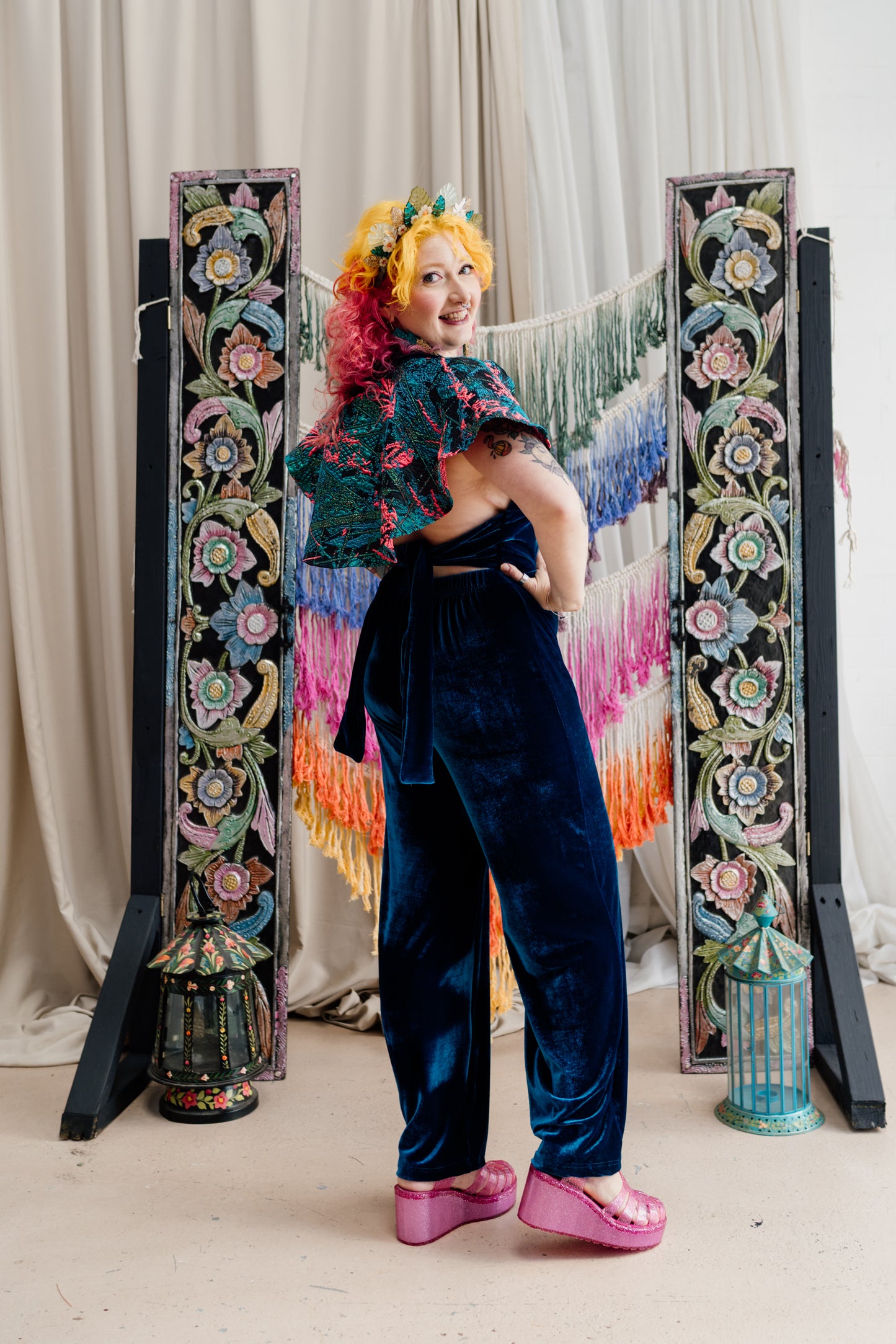 Plunge Caped Jumpsuit in Teal Velvet & Neon Twilight