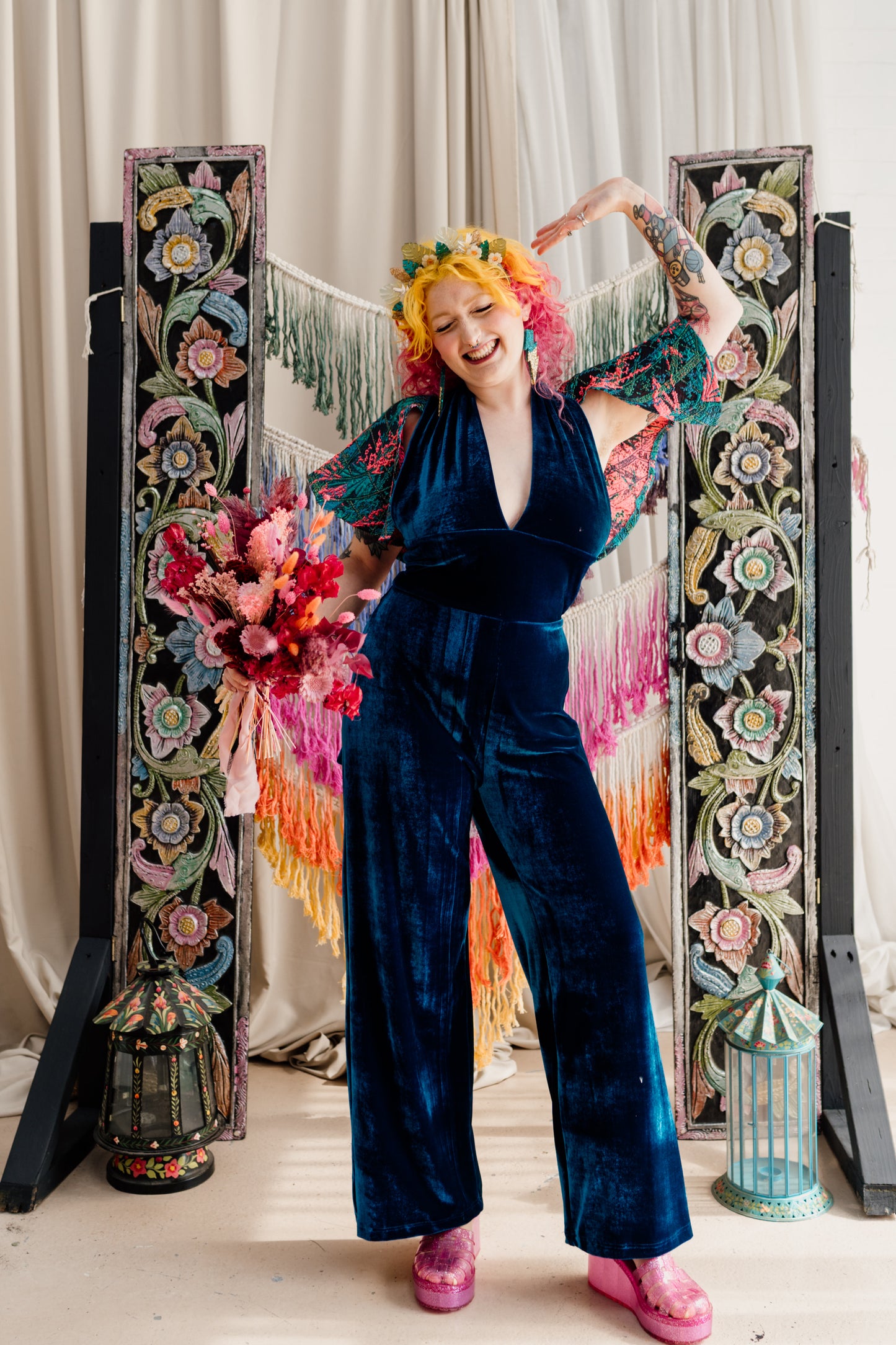 Plunge Caped Jumpsuit in Teal Velvet & Neon Twilight