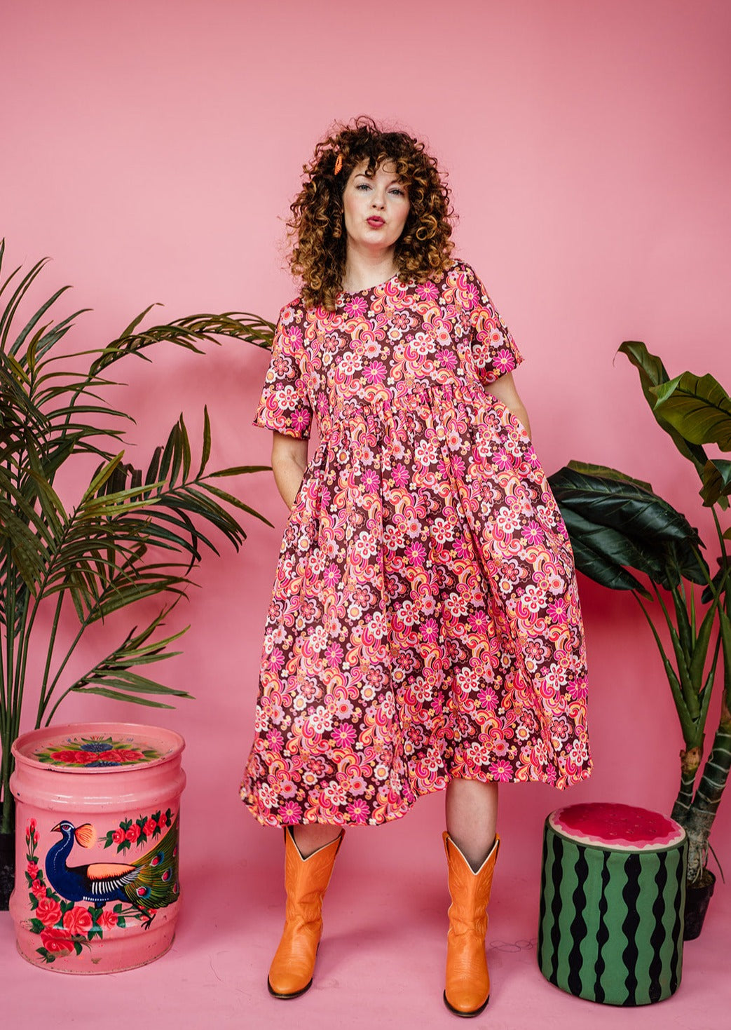 SALE -Smock Dress in Retro Pink Floral 2XL