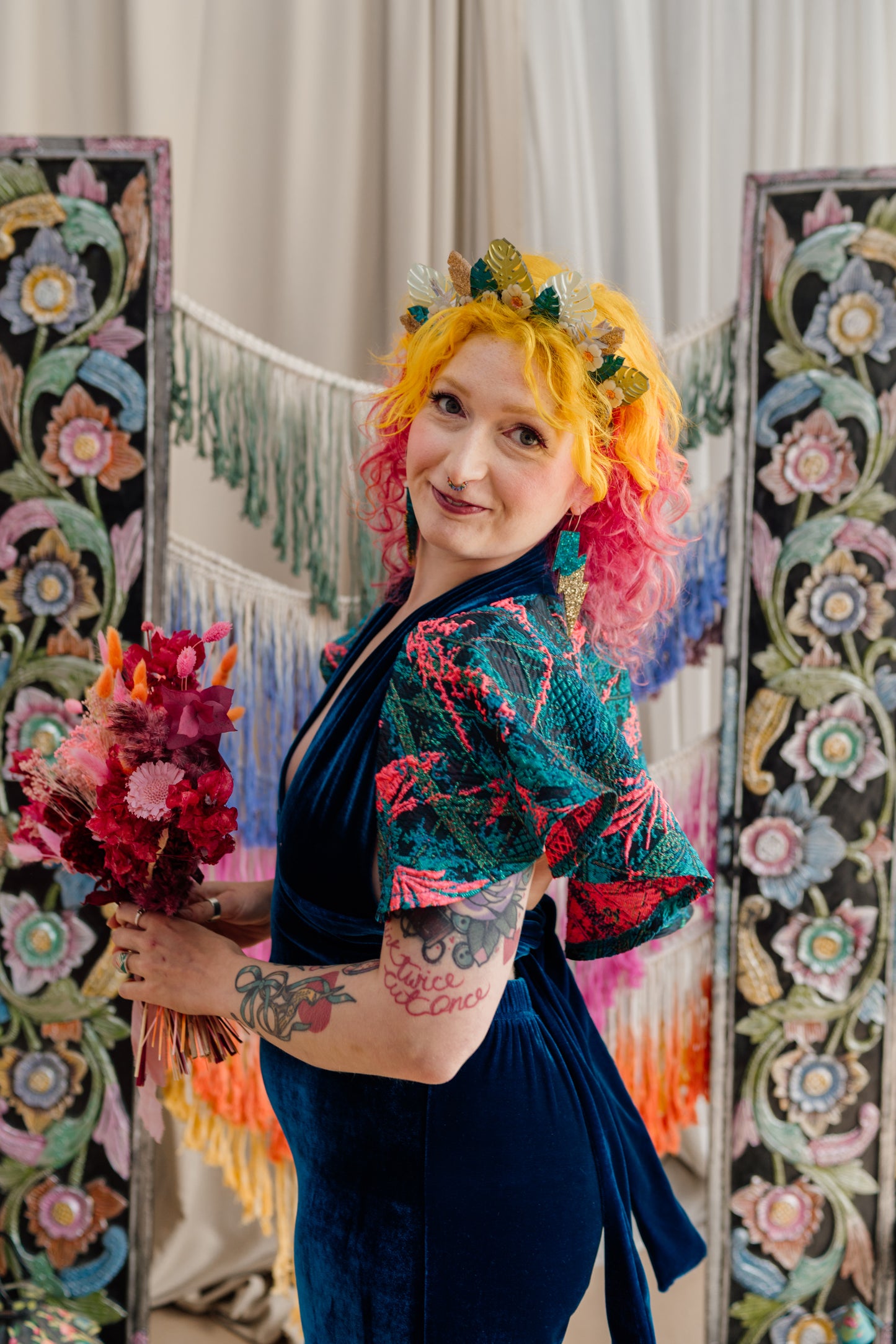 Plunge Caped Jumpsuit in Teal Velvet & Neon Twilight