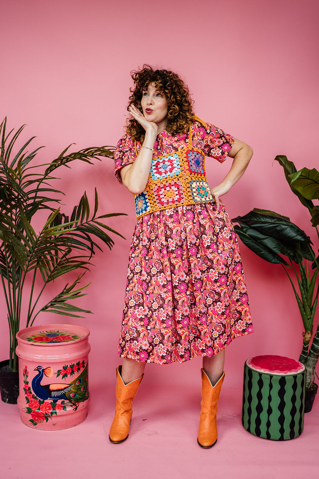 SALE -Smock Dress in Retro Pink Floral 2XL