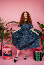 Load image into Gallery viewer, Smock Dress in Navy Moons and Stars