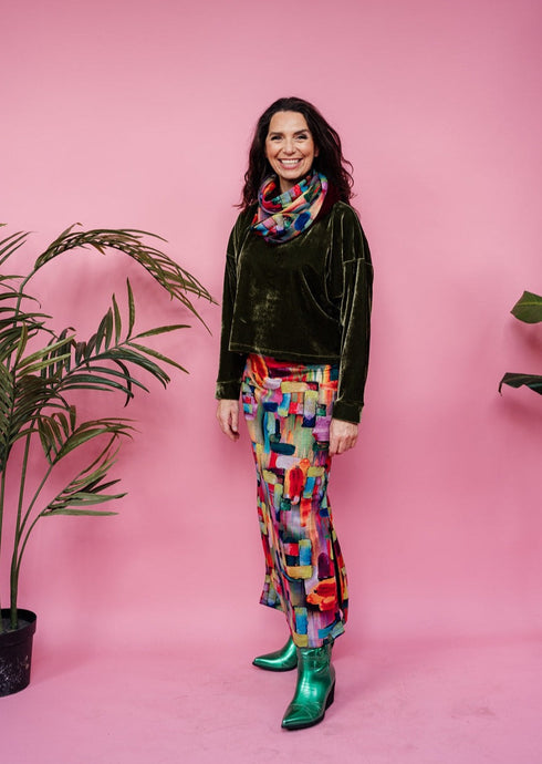 Maxi Velvet Side Split Skirt in Abstract Rainbow