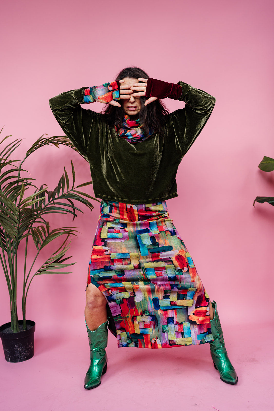 Maxi Side Split Skirt in Abstract Rainbow - Megan Crook