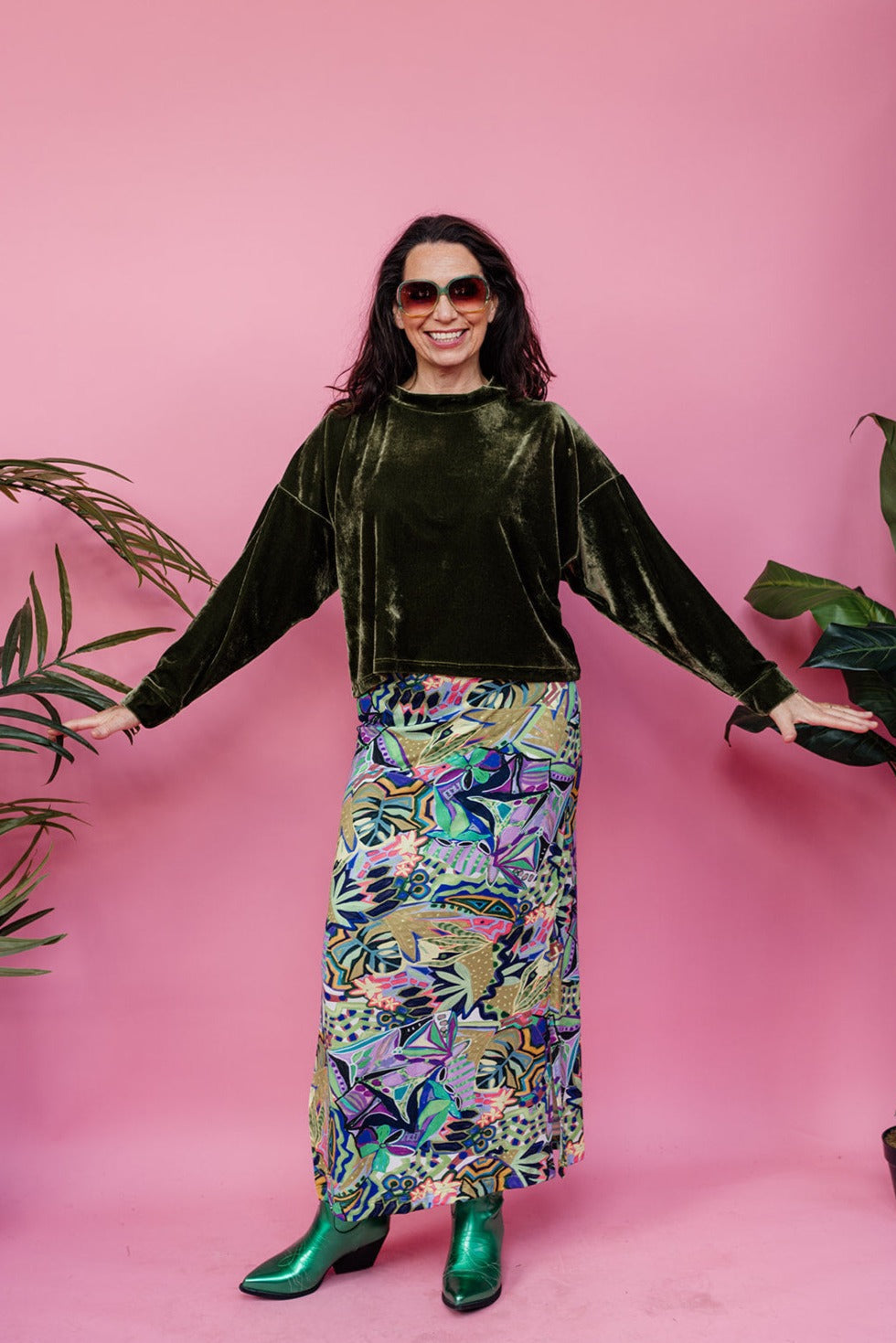Maxi Side Split Skirt in Green Abstract Garden