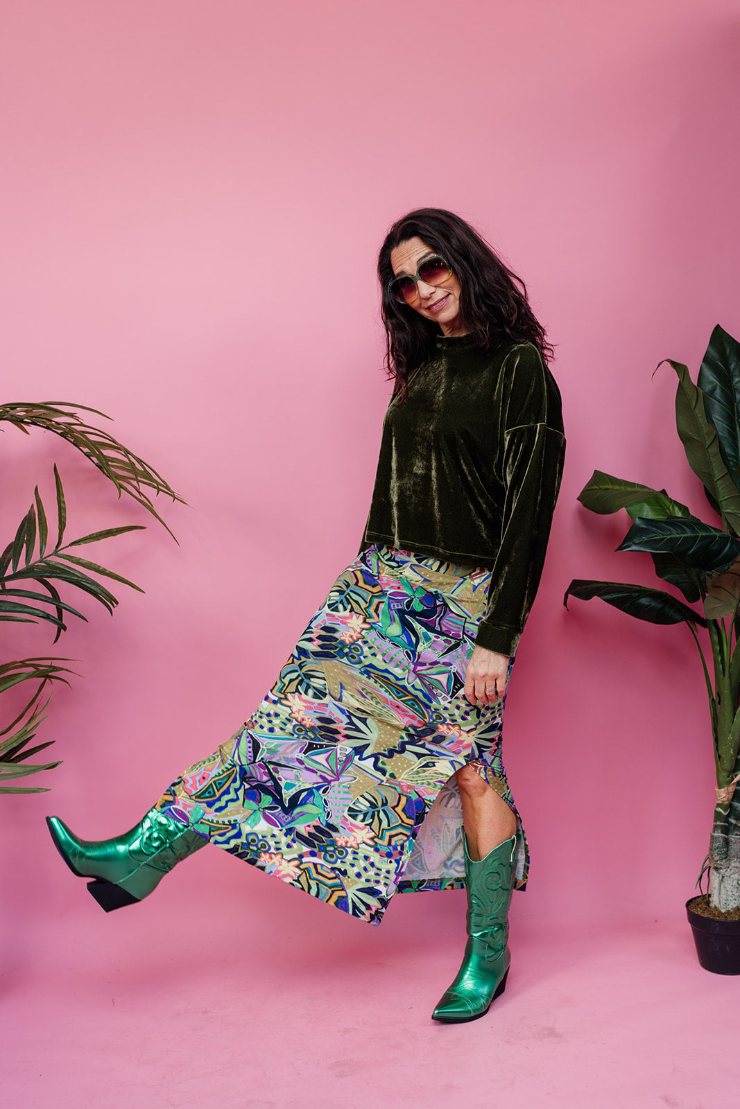 SALE Maxi Side Split Skirt in Green Abstract Garden - Megan Crook