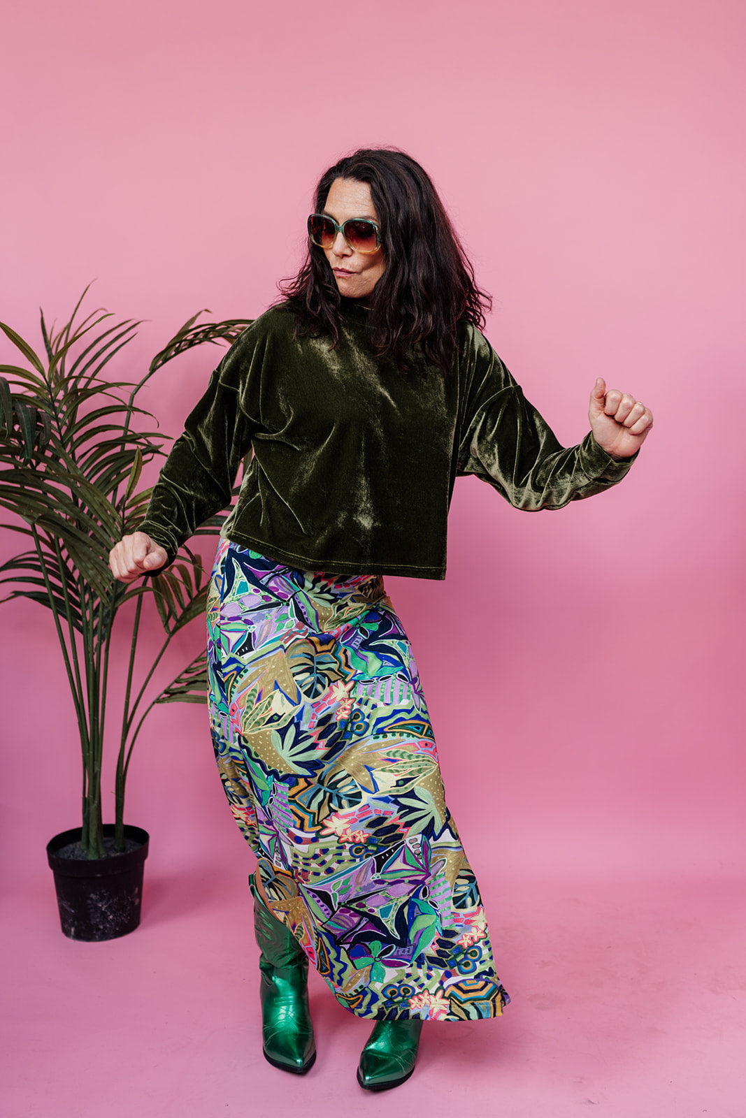 SALE Maxi Side Split Skirt in Green Abstract Garden - Megan Crook