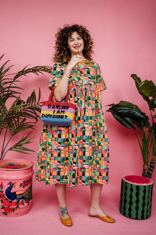 * Smock Dress in Rainbow Squares