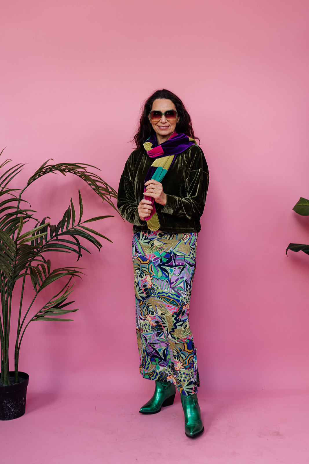 SALE Maxi Side Split Skirt in Green Abstract Garden - Megan Crook