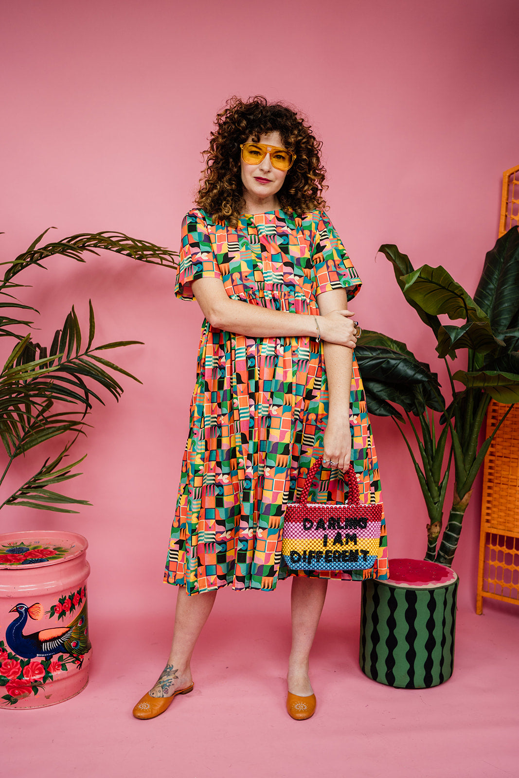 * Smock Dress in Rainbow Squares