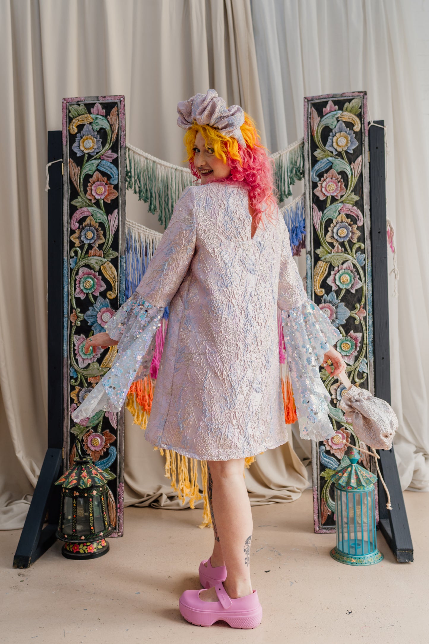 Sequin Bell Sleeve Twiggy Dress in Opal