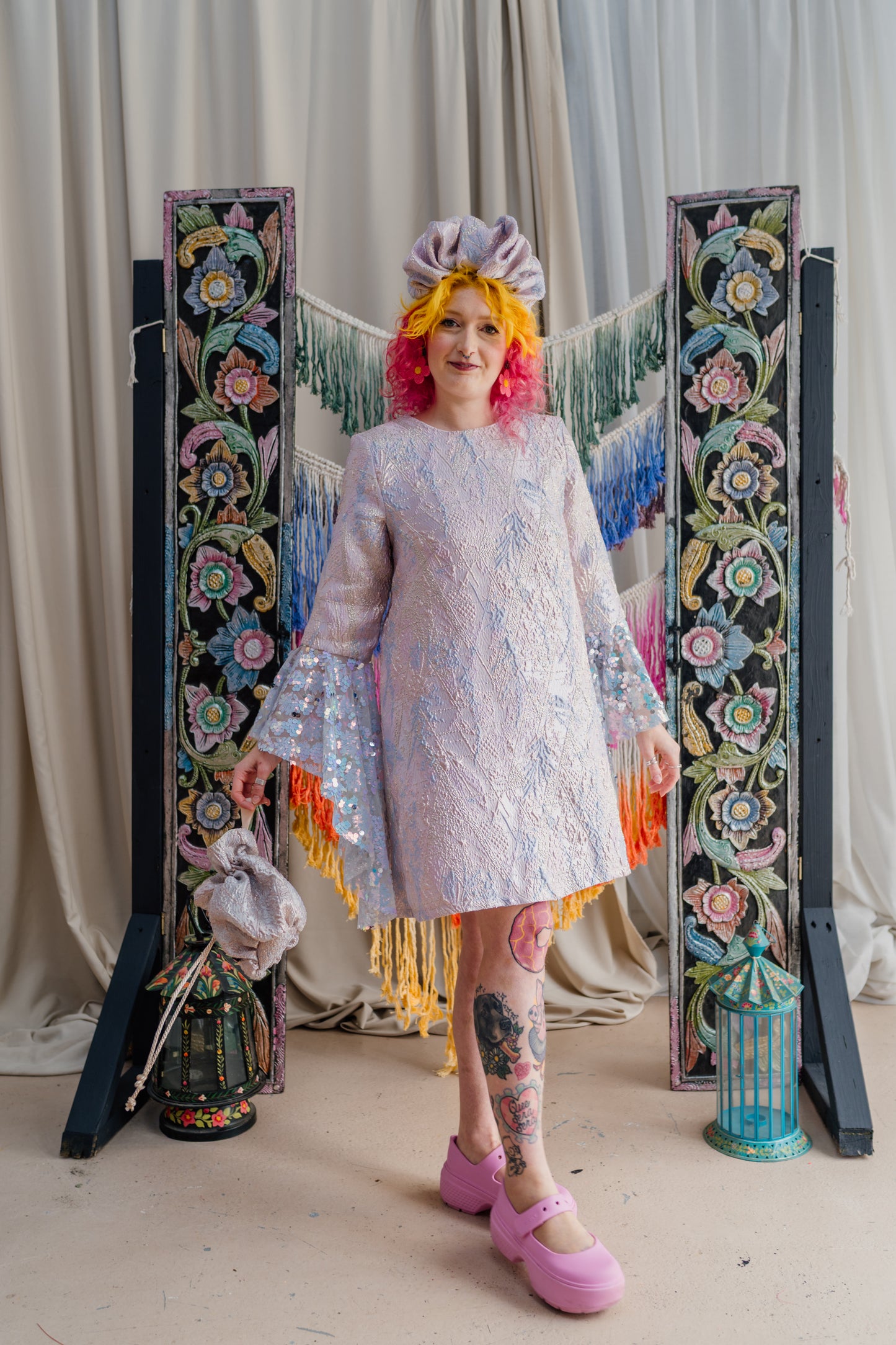 Sequin Bell Sleeve Twiggy Dress in Opal