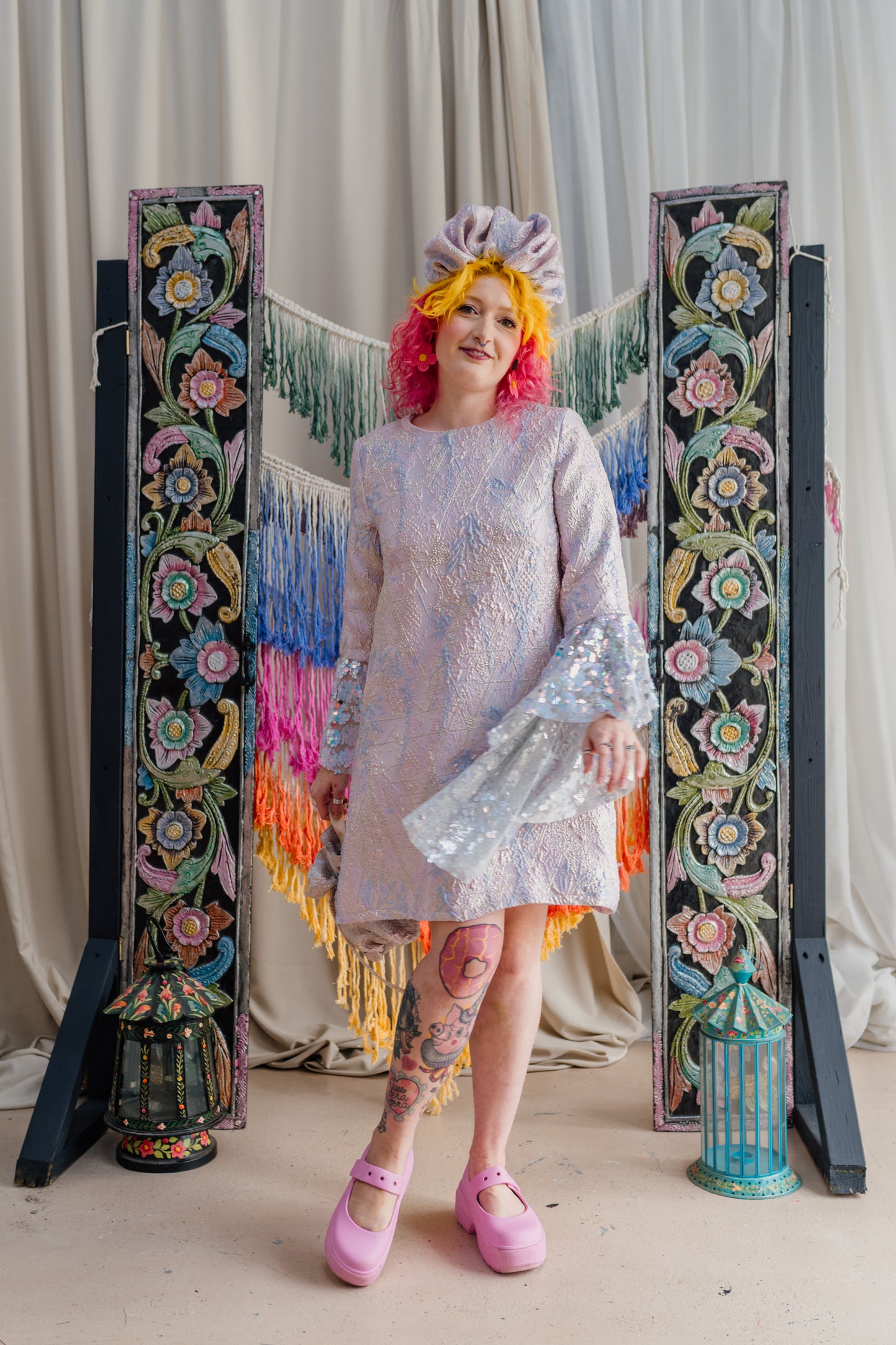 Sequin Bell Sleeve Twiggy Dress in Opal