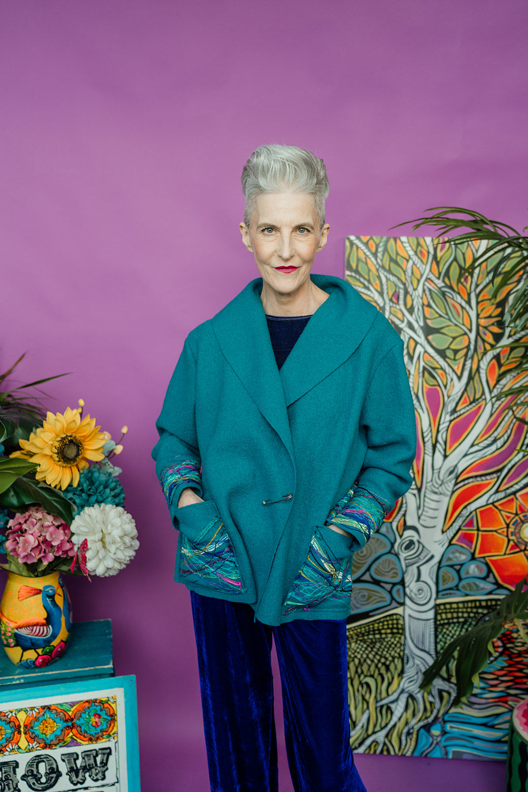 Embellished Cropped Wool Coat in Teal