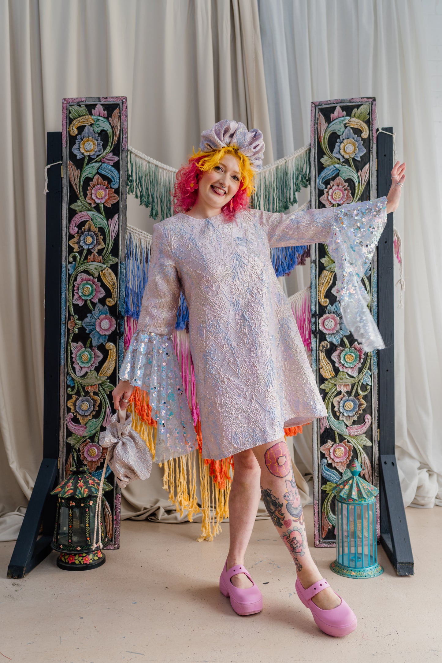 Sequin Bell Sleeve Twiggy Dress in Opal