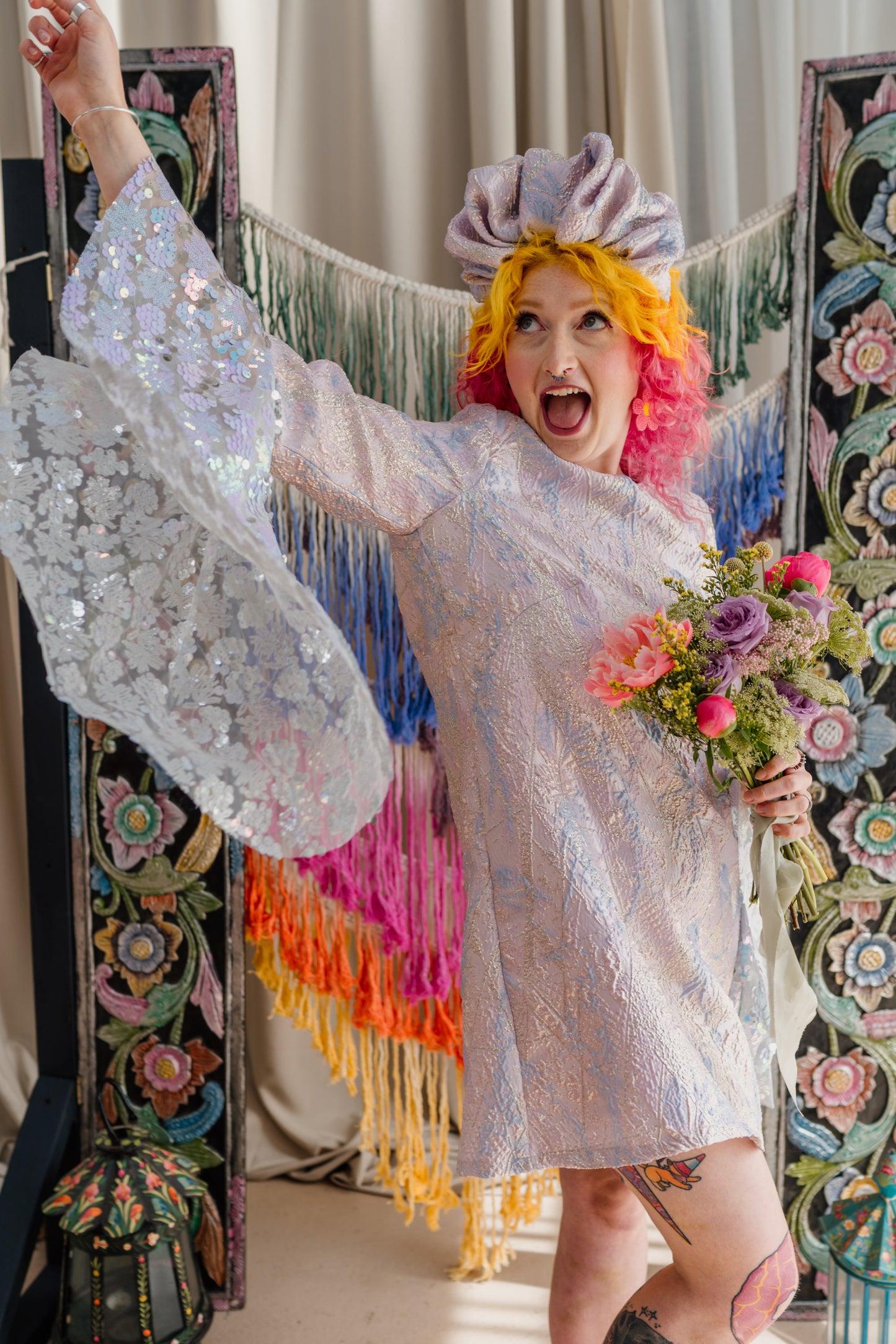 Sequin Bell Sleeve Twiggy Dress in Opal