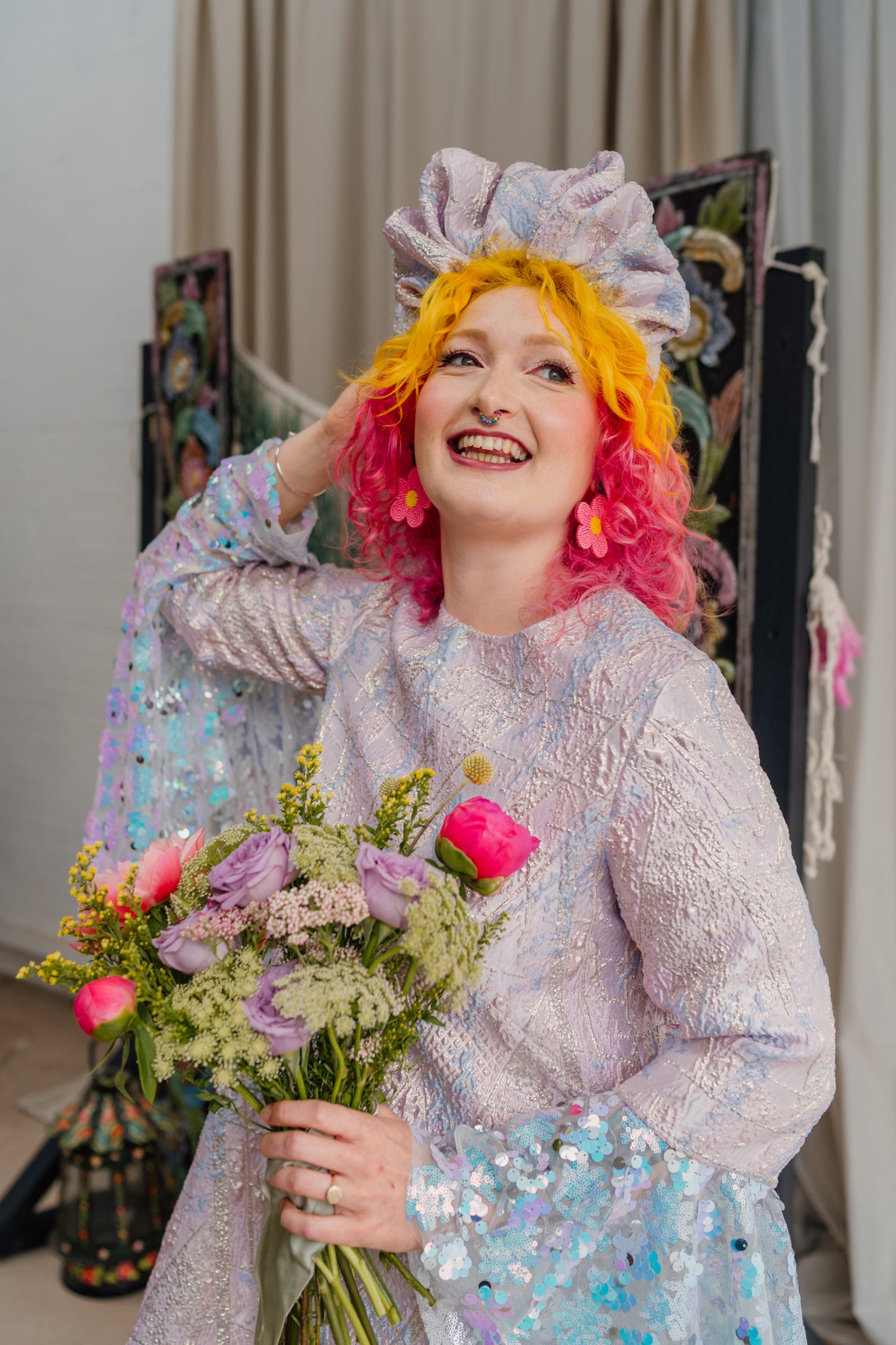 Sequin Bell Sleeve Twiggy Dress in Opal