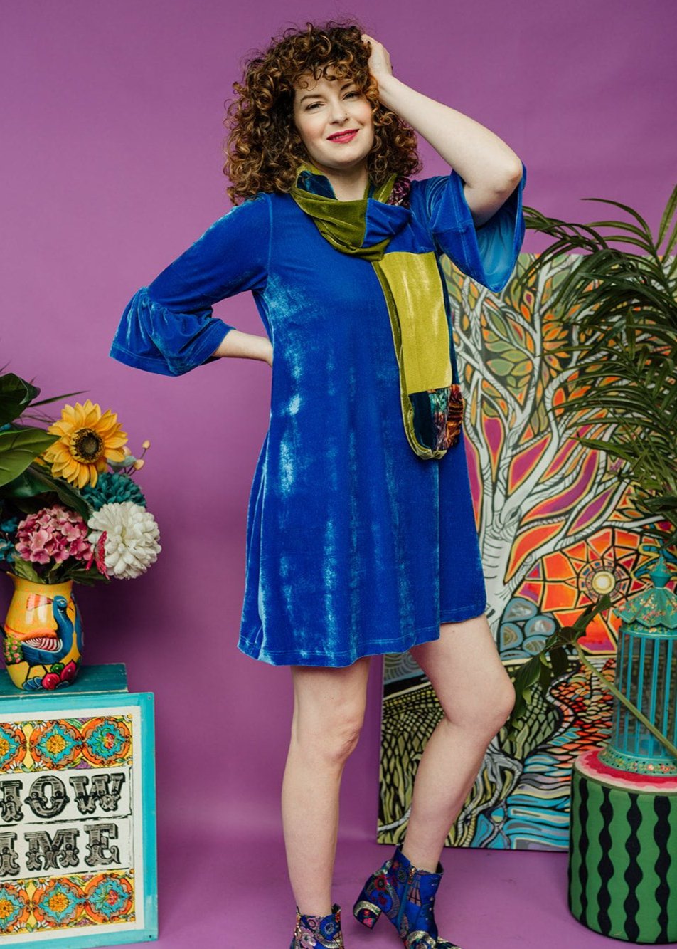 SALE - Velvet Ruffle Swing Dress in Cornflower Blue XS - Megan Crook