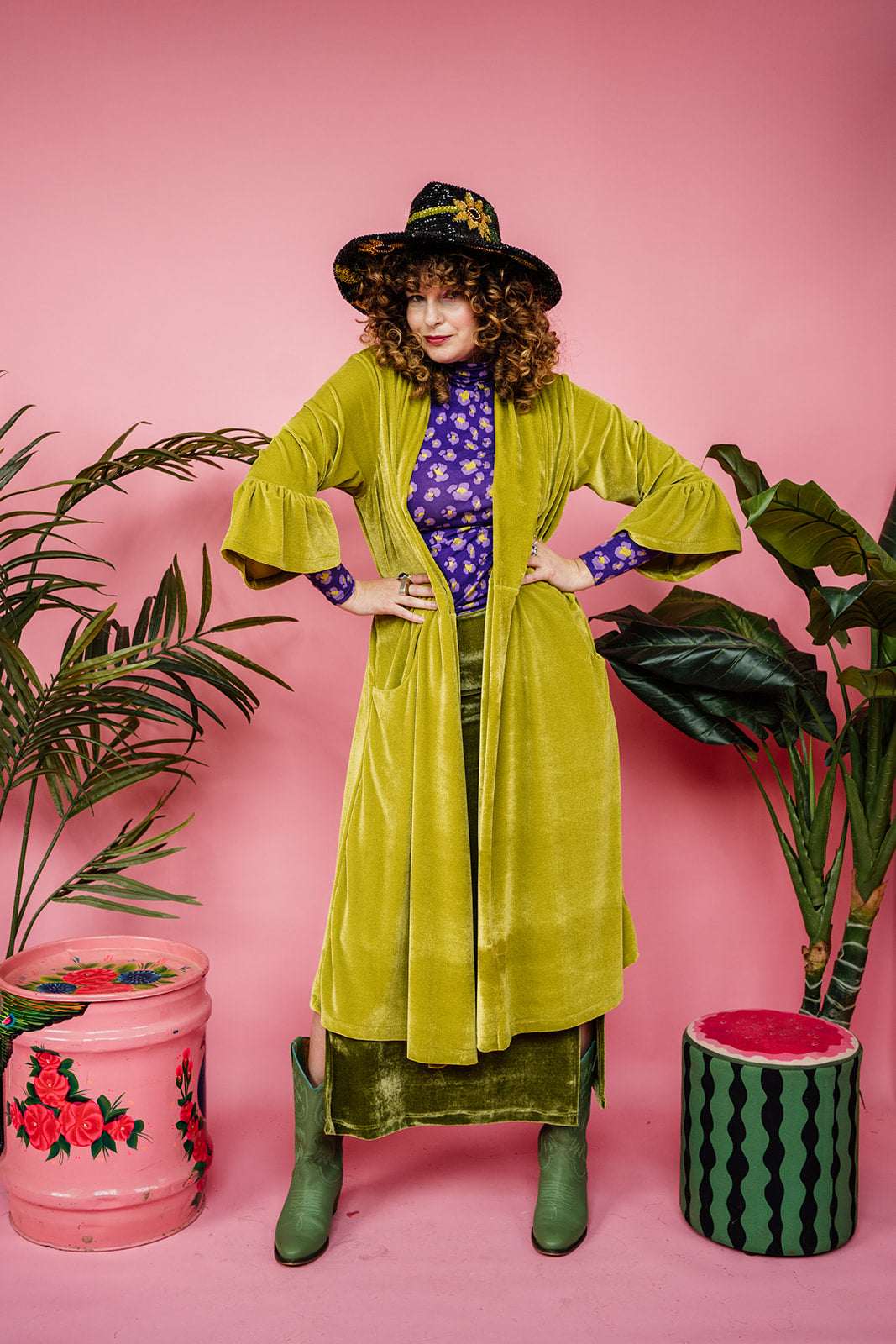 Velvet Ruffle Maxi Cardigan in Lime Green