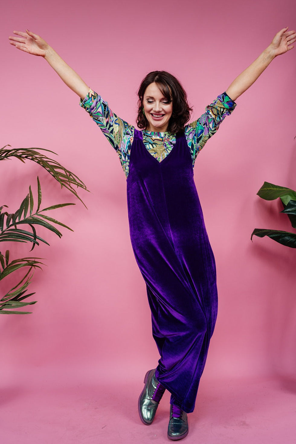 SALE - Velvet Dungaree Jumpsuit in Purple S