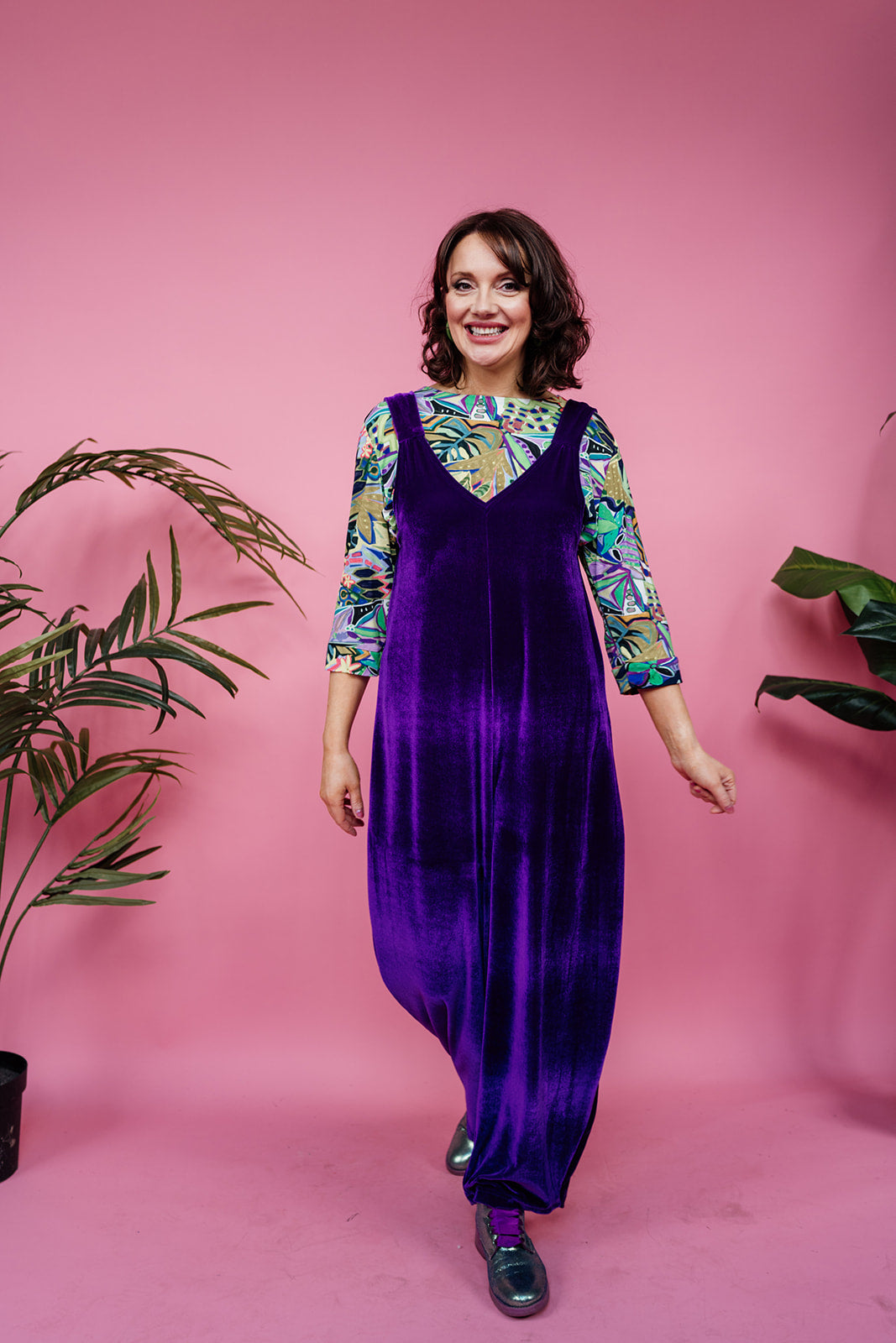Velvet Dungaree Jumpsuit in Purple - Megan Crook