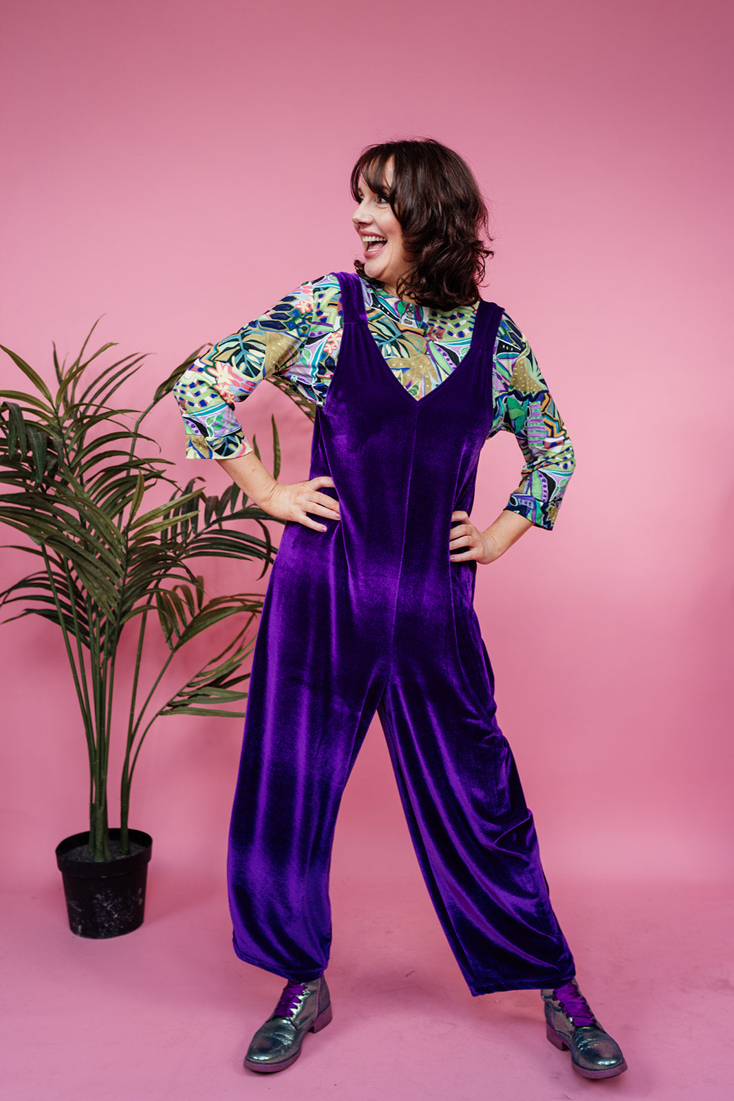 SALE - Velvet Dungaree Jumpsuit in Purple S