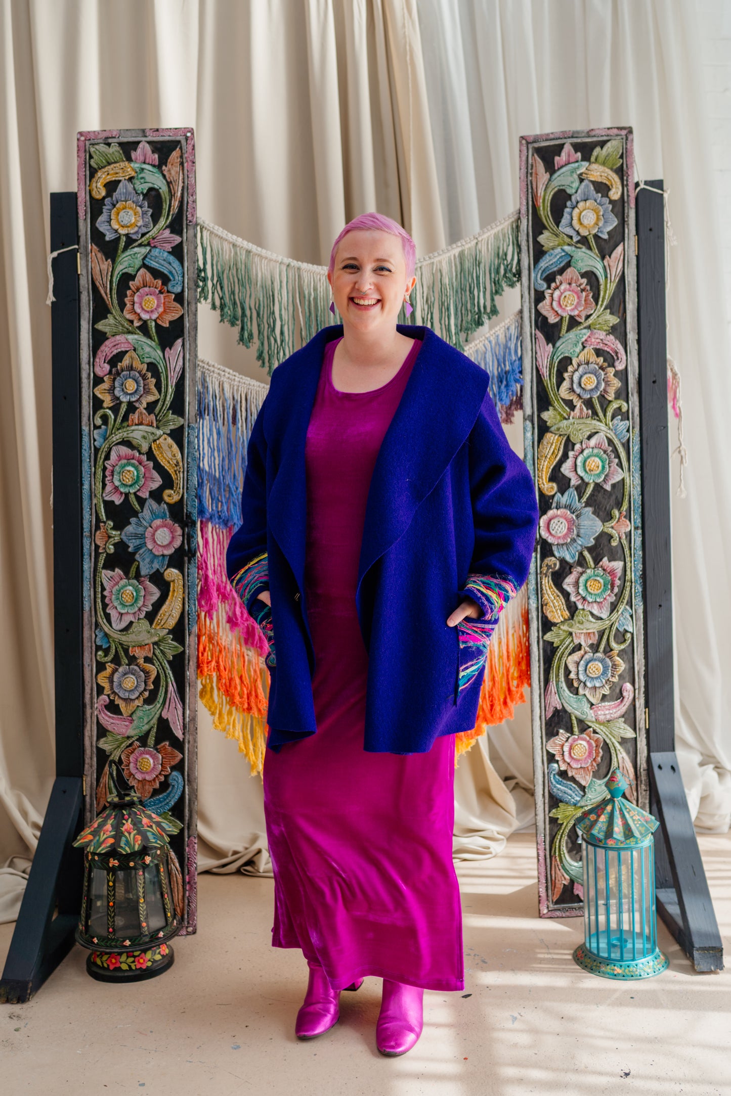Embellished Short Wool Coat in Blue/Rainbow