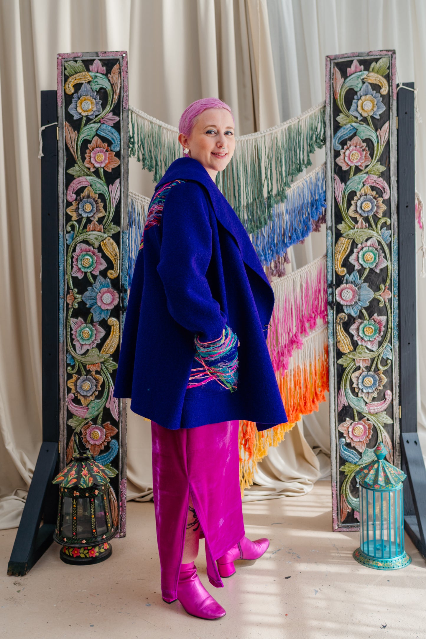 Embellished Short Wool Coat in Blue/Rainbow