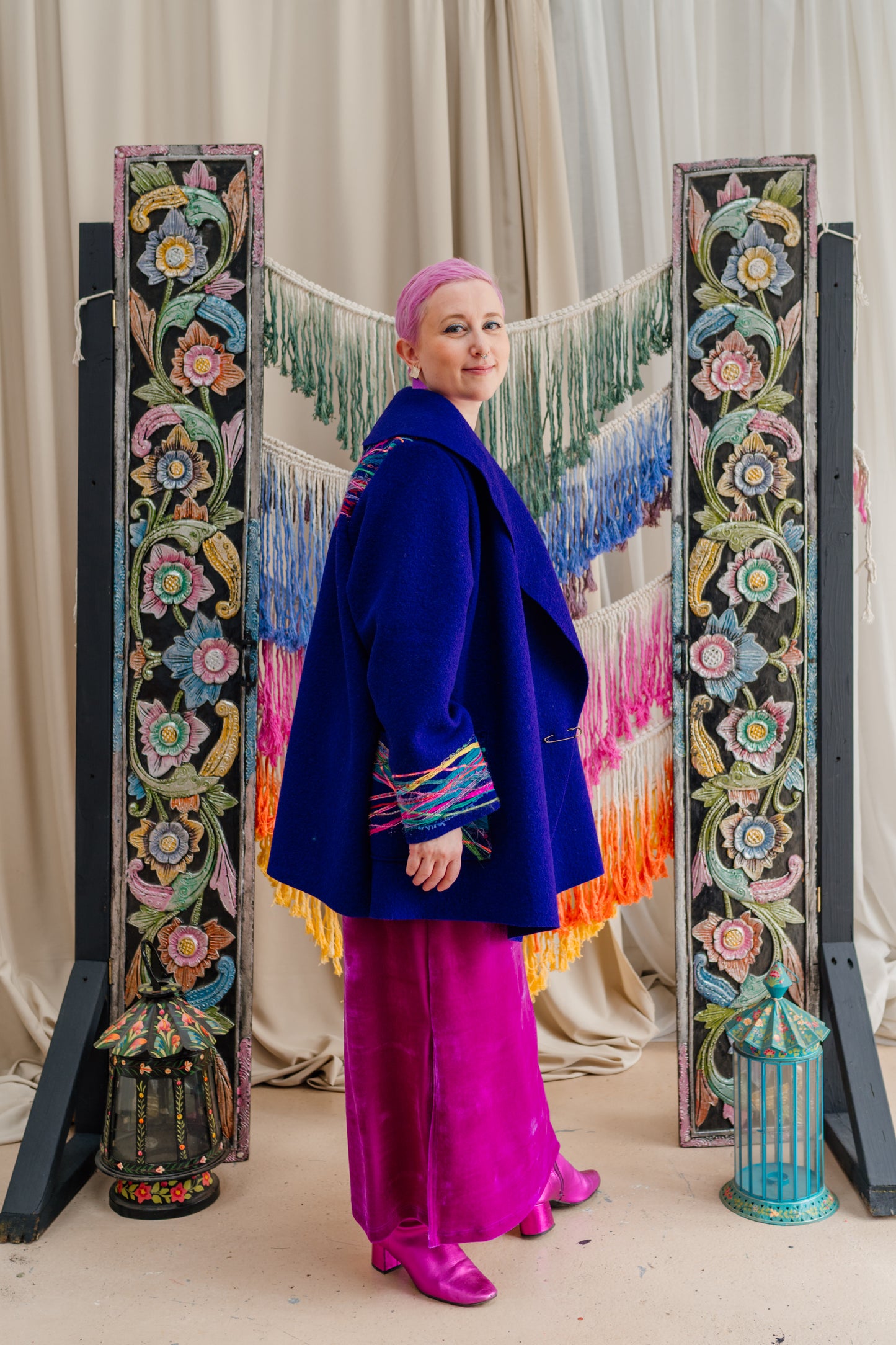 Embellished Short Wool Coat in Blue/Rainbow