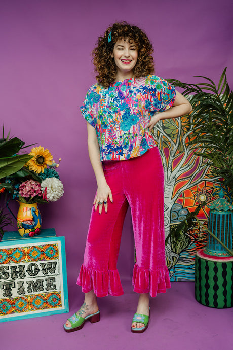 Velvet Ruffle Culottes in Bright Pink