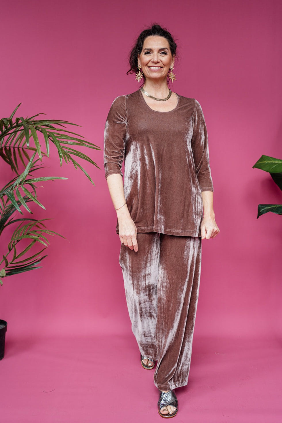 Velvet Straight Leg Trousers in Mushroom