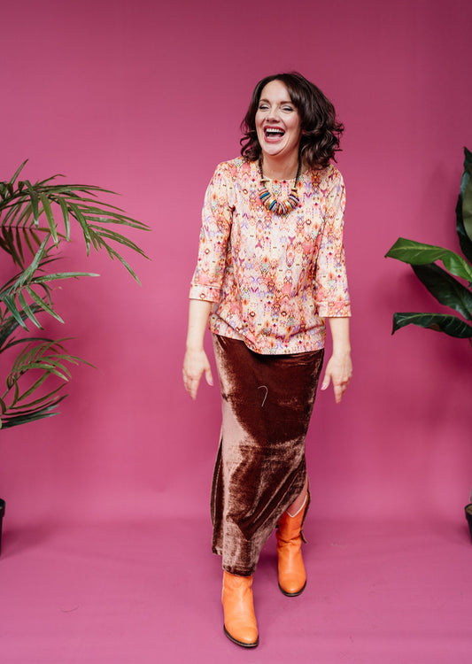 SALE - 3/4 Sleeve Top in Peach Aztec