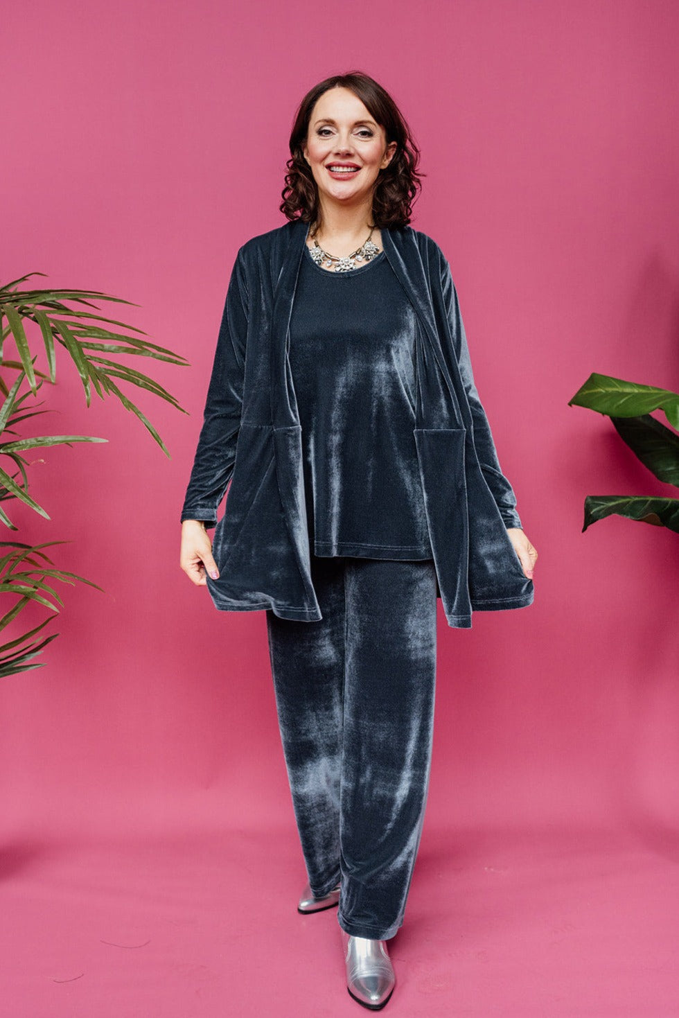 Velvet Straight Leg Trousers in Slate Grey - Megan Crook